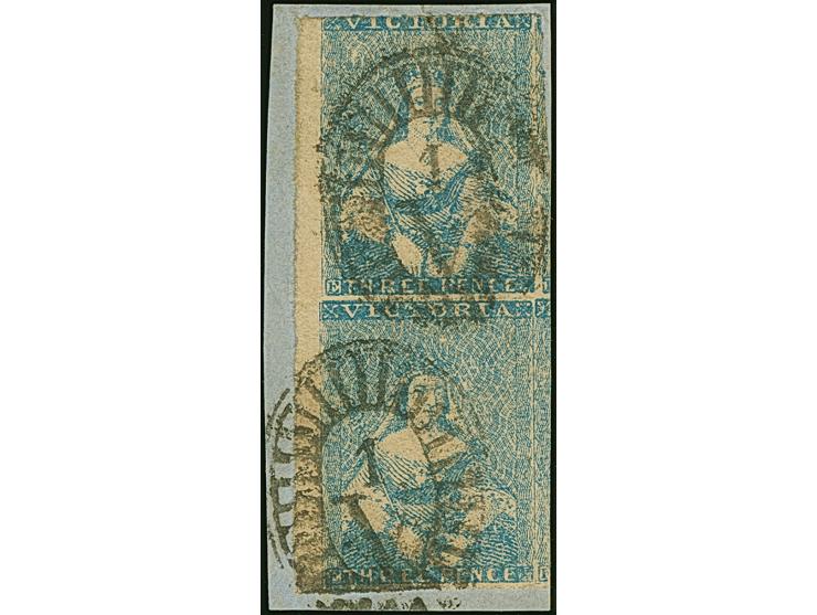 1852, Lithographed by Thomas Ham 3 d. blue, imperforate, 3rd State of the dies, a used vertical left marginal pair with ample