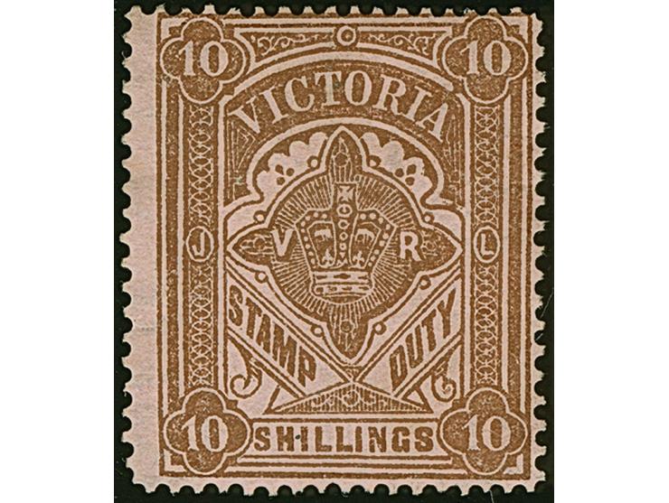 1884/96, Stamp Duty Series Lithographed 10 s. brown on rose, margin wmk. letters and first V over Crown sideways, variety per
