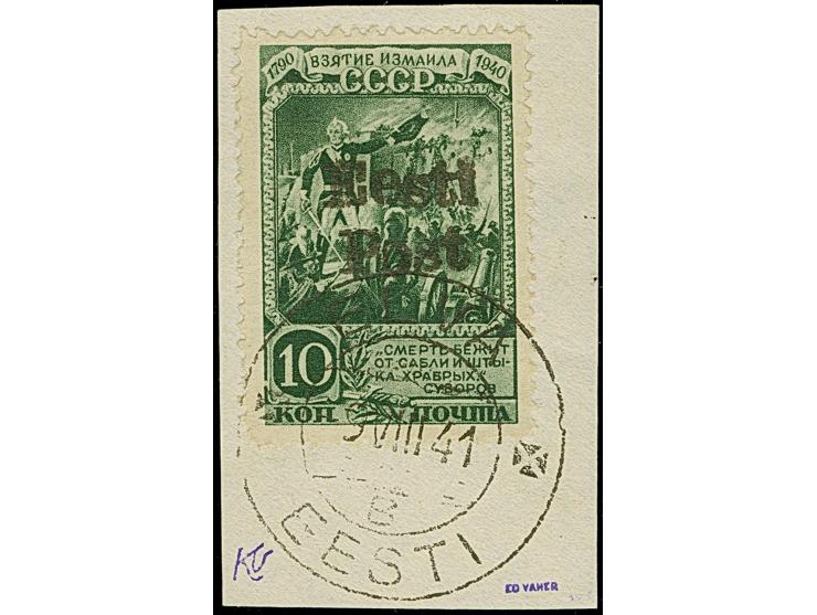 1941, Erstürmung Ismails 10 Kopeken dunkelgraugrün, farbfrisch und gut gezähnt, sauber mit Stempel “ELVA -9.VIII 41” auf Brie