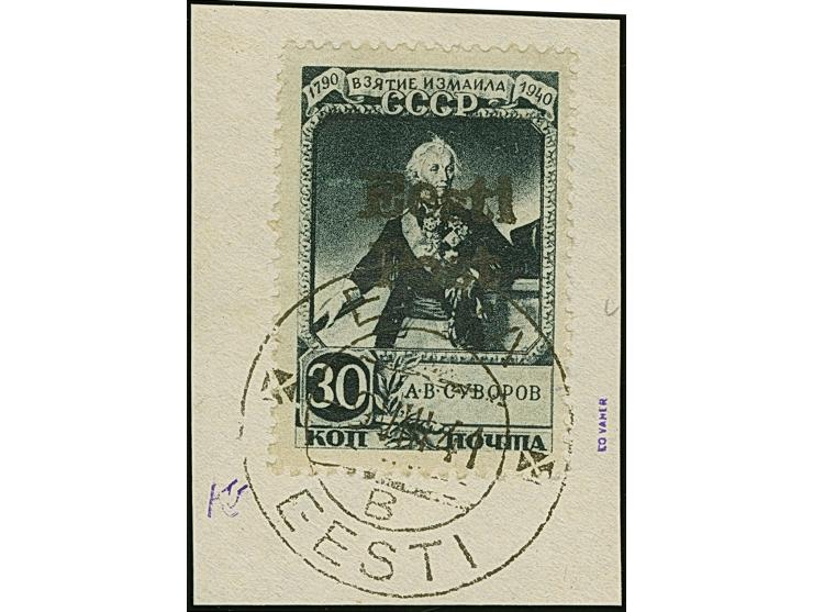 1941, Suworow 30 Kopeken blauschwarz, farbfrisch und gut gezähnt, sauber mit Stempel “ELVA -9.VII 41” auf Briefstück, tadello