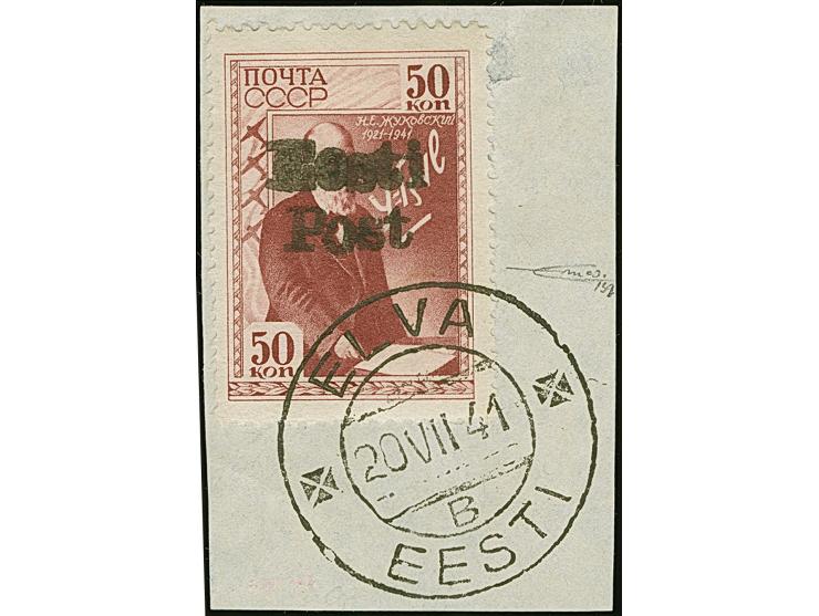 1941, Shukowski 50 Kopeken braunlila, &nbsp;farbfrisch und gut gezähnt, sauber mit Stempel “ELVA 20.VUII 41” auf Briefstück, 