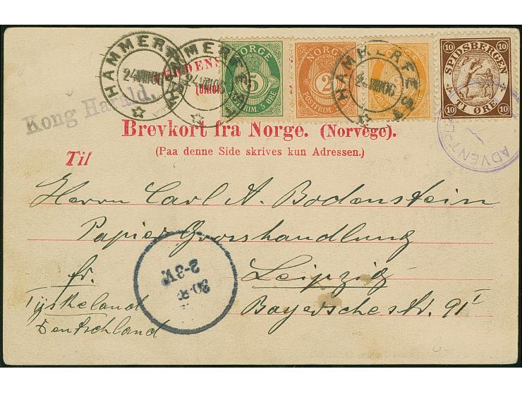 1906, Freimarken 2-5 Ö. mit Stempel “HAMMERFEST 24.VIII.06” in Mischfrankatur mit Spitzbergen-Vignette 10 Ö. braun mit violet