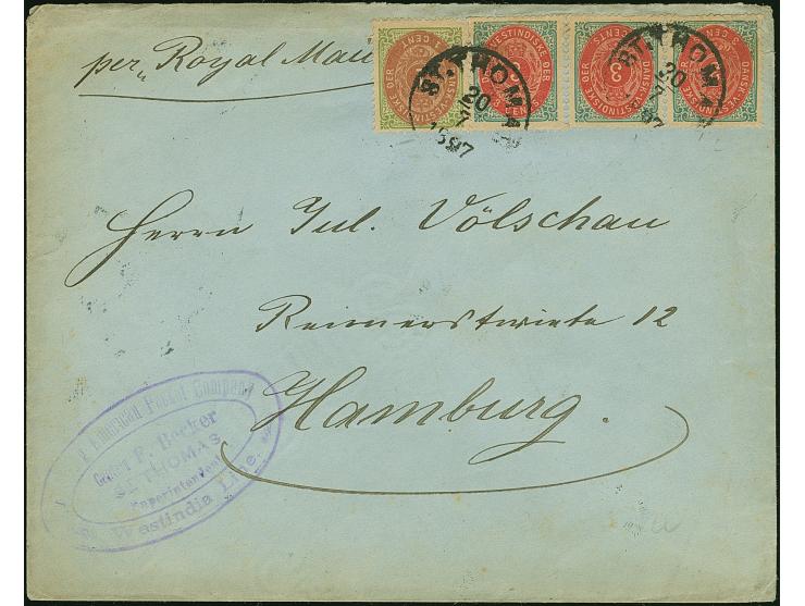 1873, 1 C. helklgrün/braunrot und waagerechtes Paar und Einzelmarke 3 C.blaugrau/rot mit kopfstehendem Rahmen je mit EKr. “ST
