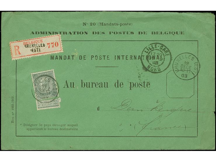 1897, King Leopold II. 50 c. grey tied by cds. “BRUXELLES 19.DECE.03” to registered cover “Mandat de Poste International” to 