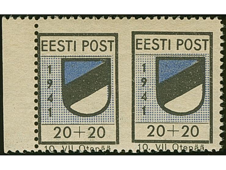 1941, Wappenschild 20 Kopeken, gezähnt, Type II, waagerechtes Seitenrandpaar, farbfrisch und gut gezähnt, mittig ungezähnt, p