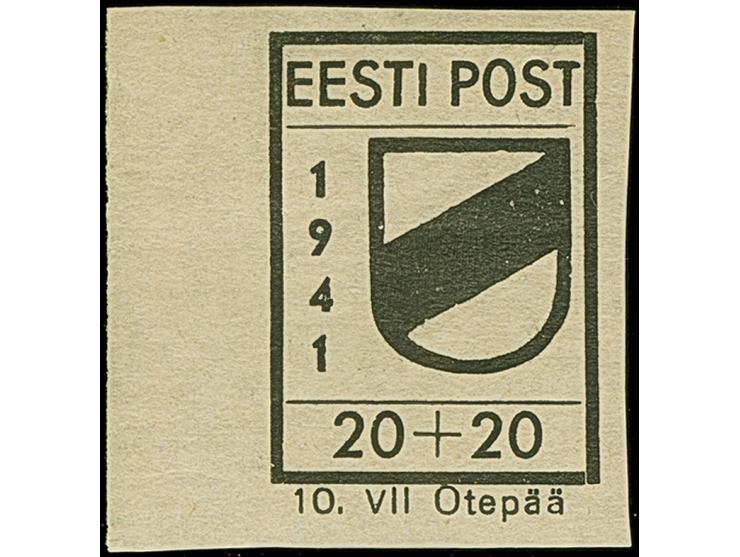 1941, Wappenschild 20 Kopeken, geschnitten, Type II, linkes Seitenrandstück, ohne Blaudruck, postfrisch, tadellos, sehr selte