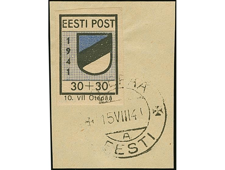 1941, Wappenschild 30 Kopeken, geschnitten, Type II, sauber mit Stempel “OTEPÄÄ 15 VIII 41” auf Briefstück, tadellos, sign. K