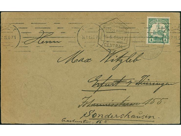 1915, Kaiseryacht 4 H. mit Wasserzeichen und Stempel “TABORA (DOA) 18.3.15” auf selbst gefertigter Postkarte mit violettem Ze