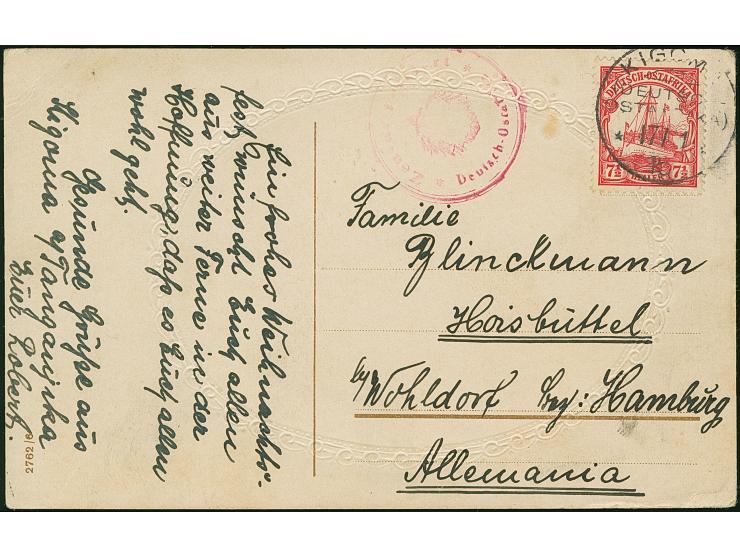 1915, Kaiseryacht 7½ H. mit Wasserzeichen und Stempel “KIGOMA (DAO) 17.1.15” auf Postkarte mit rotviolettem Zensurstempel “Ze