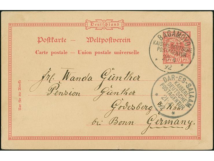 1890, Ganzsachenkarte Krone/Adler 10 Pfg. mit klarem Stempel “BAGAMOYO KDPAg 20.4.92” und viel Text via “DAR-ES-SALAAM KDPAg 