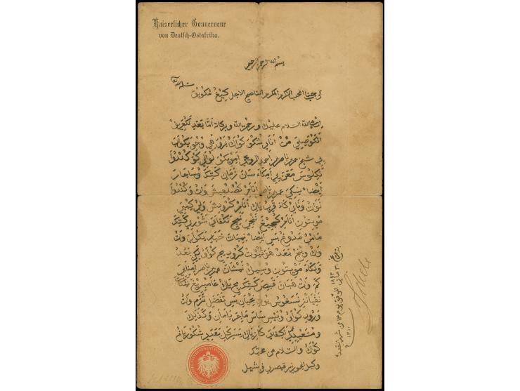 1893, Vordruckblatt “Kaiserlicher Gouverneur von Deutsch-Ostafrika” mit handschriftlich in Arabisch geschriebener Erlass über