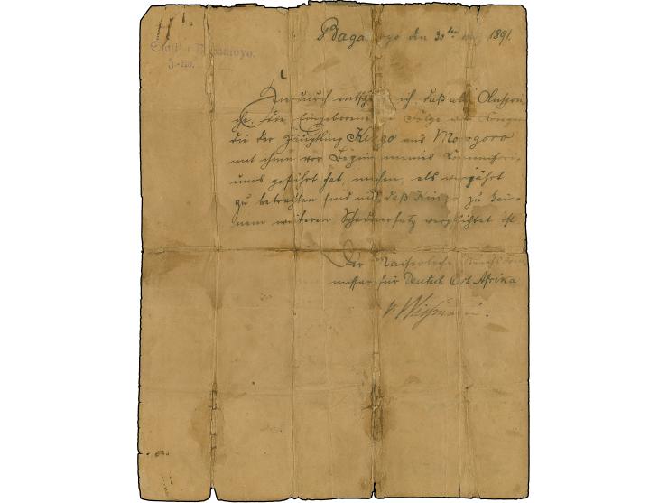 1891, eigenhändig geschriebener Erlass des Reichskommissar von Wisssmann mit e. Unterschrift, datiert Bagamoyo, den 30ten Mär