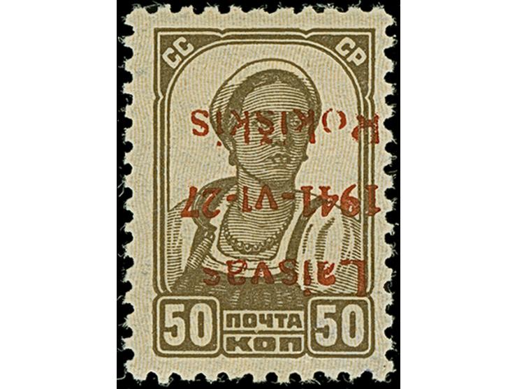 1941, 50 Kopeken braun, roter Aufdruck, mit kopfstehendem Aufdruck in Aufdrucktype I, farbfrisch und gut gezähnt, postfrisch,