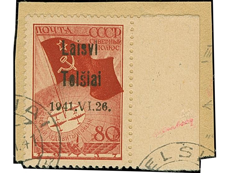 1941, Nordpol 80 Kopeken karmin, rechtes Seitenrandstück, farbfrisch und gut gezähnt, mit Aufdruckfehler “Text in Type III, Z