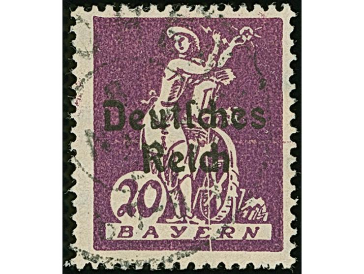 1920, Bayern Abschied 20 Pfg. mit Plattenfehler “senkrechter weißer Strich vom Ellbogen bis zum Unterrand”, gestempelt, in ei