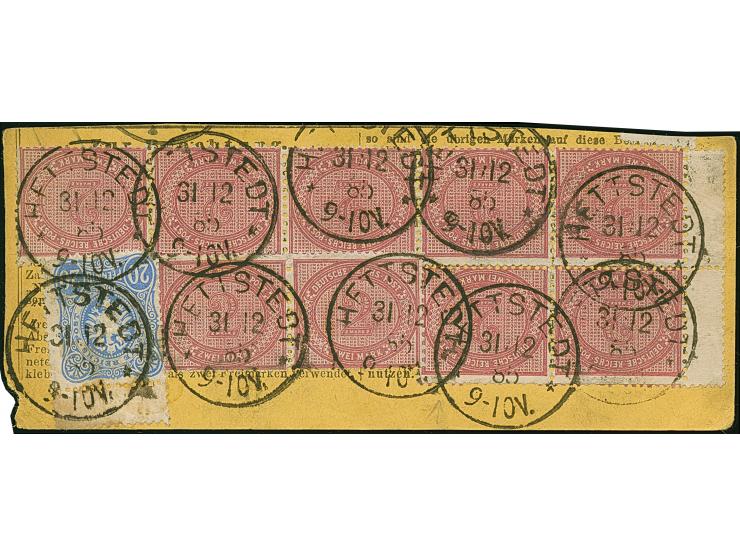 2 M. lebhaftrosalila mit Plattenfehler “dicker weißer Strich über O in POST” im Viererblock mit Normalmarken, im waagerechten