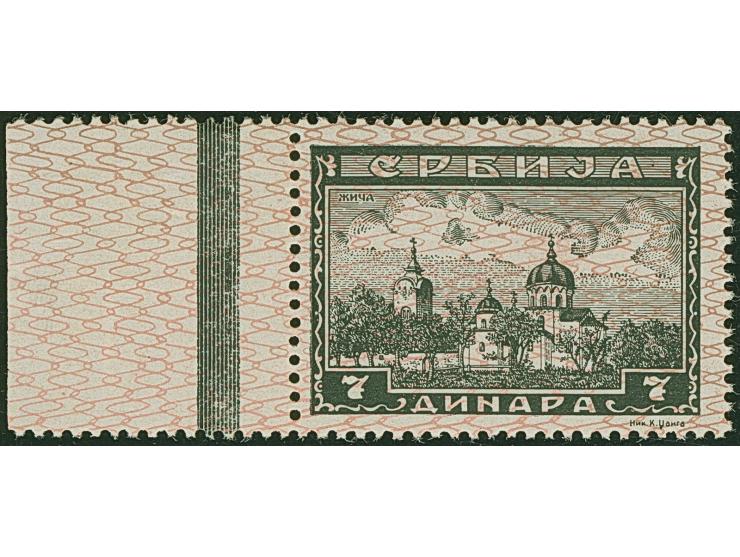1942, Serbische Klöster 0,50 und 1,50 Dinar sowie 3-7 Dinar mit hellrotbraunem Netzüberdruck "Schlingen". Es handelt sich mög