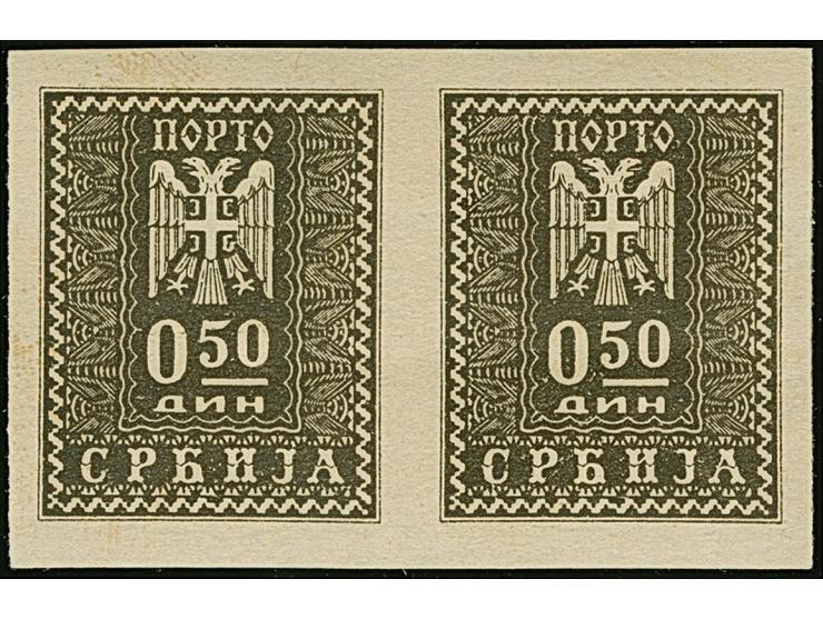 1943, ungezähnter Probedruck, 0,50 Dinar braunschwarz, waagerechtes Paar auf ungummiertem Papier, winzig knittrig, sonst tade