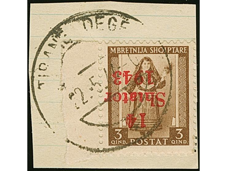 1943, 3 Qind schwärzlichgelbbraun, linkes Seitenrandstück mit kopfstehendem Aufdruck, sauber mit Stempel “TIRANE DEGE 22-.5.4