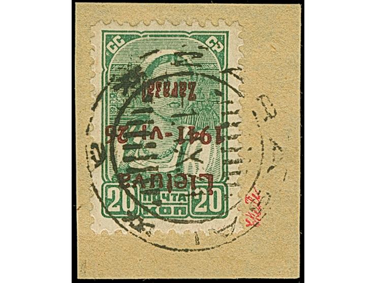 1941, 20 Kopeken dunkelgraugrün, mit braunrotem, kopfstehenden Aufdruck, sauber mit Stempel “ZARASAI 1.IX.41” auf Briefstück,