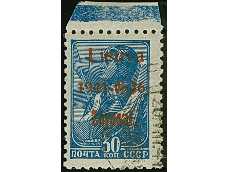 1941, 30 Kopeken violettultramarin, mit braunrotem Aufdruck mit Aufdruckfehler “Lieuva statt Lietuva”, Oberrandstück, sauber 