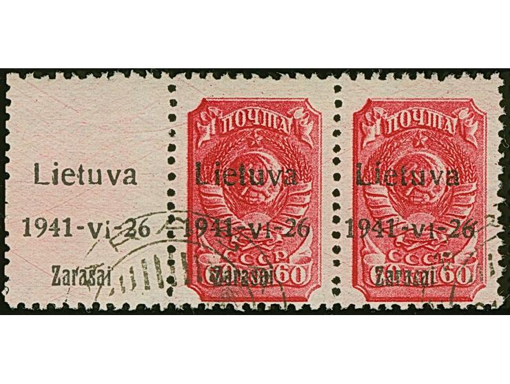 1941, 60 Kopeken lilarot, mit schwarzem Aufdruck, waagerechtes Paar mit links komplettem Leerfeld in Markengröße, das Markenf