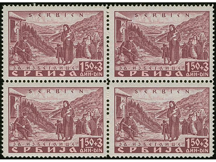 1941, Semendria 1,50+3 Dinar schwärzlichgraulila, gez. L12½, Viererblock, die linke untere Marke mit Abart “große weiße Stell