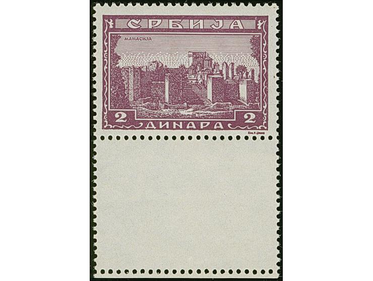 1942, Serbische Klöster 2 Dinar schwarzviolettpurpur, unten mit vollständig gezähnten Leerfeld in Markengröße und kleinem Bog