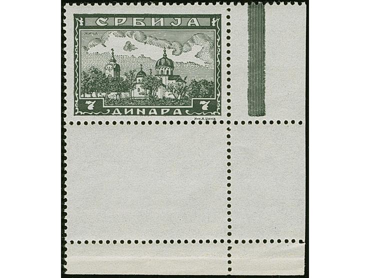 1942, Serbische Klöster 7 Dinar schwarzgraugrün, aus der rechten unteren Bogenecke mit vollständig gezähnten Leerfeld in Mark