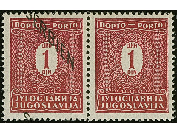 1941, 1 Dinar schwärzlichrötlichkarmin, waagerechtes Paar mit mit stark verschobenem Aufdruck, dadurch die rechte Marke ohne 