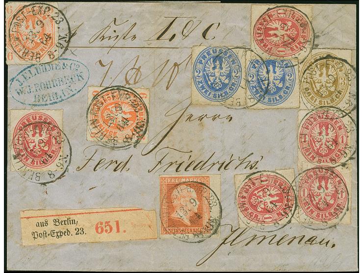 1850, ½ Sgr. rotorange, voll- bis breitrandig, rechts mit ca. 3 mm Bogenrand, in wertstufengleicher Mischfrankatur mit Wappen