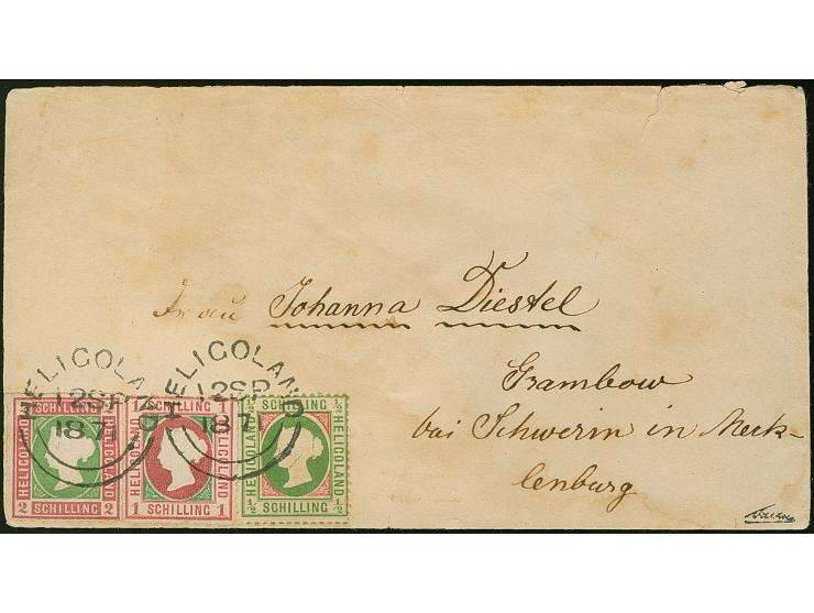 1867, 1 Schilling rosakarmin/dunkelgrün, 2 Schilling lilakarmin/dunkelgelblichgrün und 1869 ½ Schilling grünoliv/karminrot, f