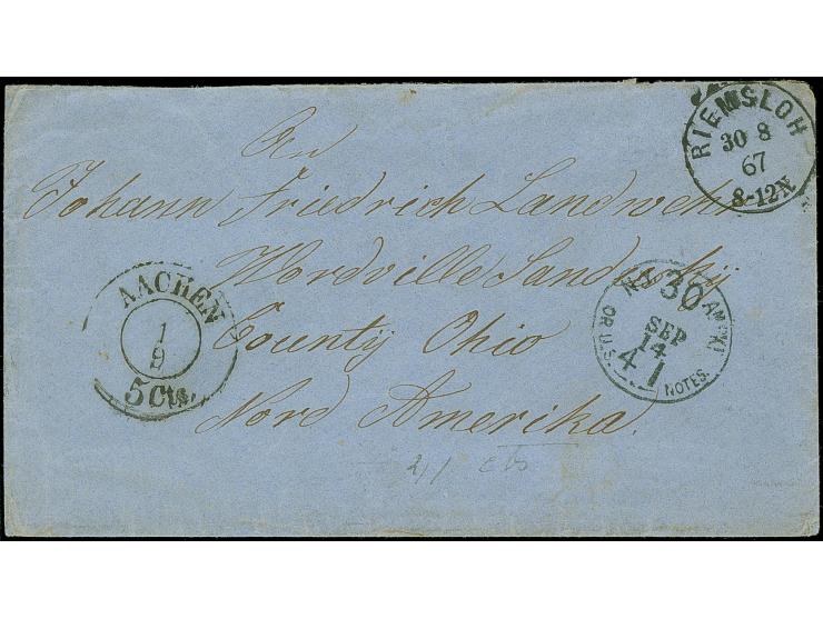 "RIEMSLOH 30 8 67", Grotesk-EKr. auf unbezahltem Briefkuvert mit nebengesetztem DKr. "AACHEN 5cts 1 9" nach Ohio, USA, mit Ei