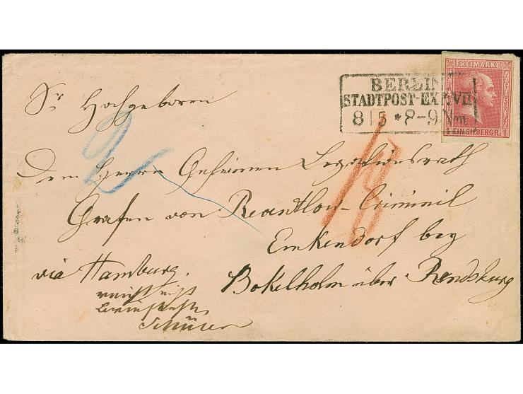 1 Sgr. karminrosa, voll- bis breitrandig, mit Ra3 "BERLIN STADTPOST-EXP. VII 8/5" auf Briefkuvert ins dänische Enkendorf bei 