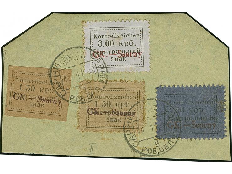 1941, Kontrollzeichen mit Aufdruck 50 K. und 3 Krb. sowie 1,50 Krb. geschnitten sowie gezähnt auf waagerecht gestreiftem Papi