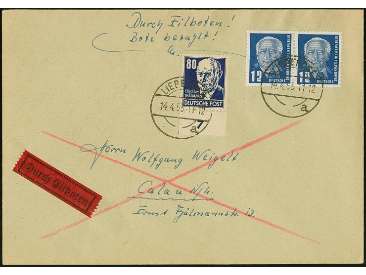 1952, Persönlichkeiten 80 Pfg. auf gestrichenem Papier mit Lacküberzug, zusammen mit Pieck 12 Pfg. im waagerechten Paar, saub