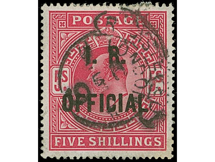 1902, I.R. OFFICIAL: Edward VII 5s. carmine rose, fresh colour and good centering and perforation, neatly used with hooded “L