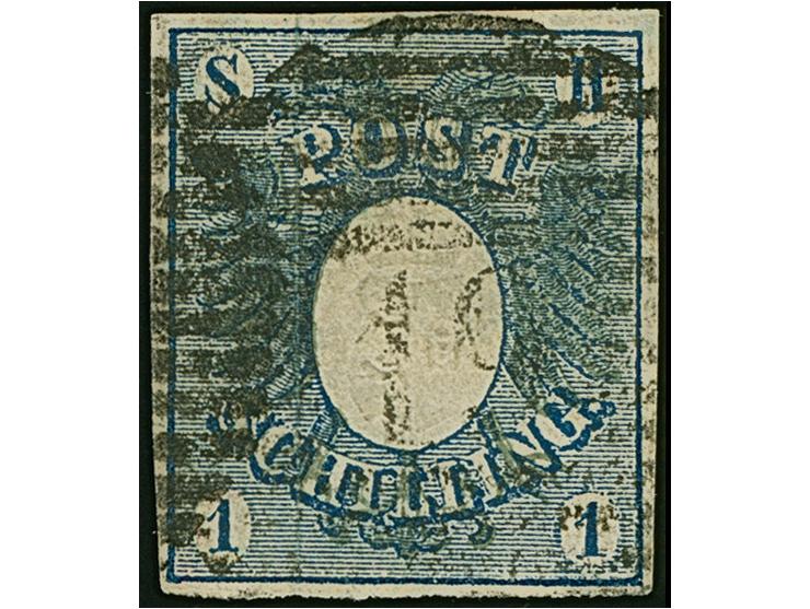 1 Sch. dunkelblau in tiefer Nuance, allseits gleichmäßig breitrandig, sauber entwertet durch Roststempel "19" KIELER BAHNHOF.