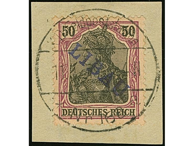 1919, Aufdrucktype I: Germania 50 Pfennig dunkelgraulila auf hellchromgelb, sauber mit Stempel “K.D. Feldpoststation 11.1.19 