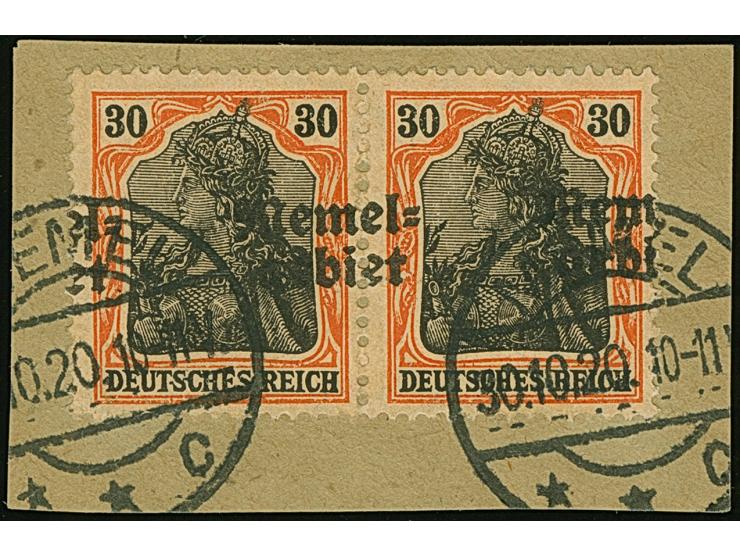 1920, Germania 30 Pfennig dunkelrotorange/schwarz auf hellchromgelb, waagerechtes Paar, mit stark horizontal verschobenem Auf