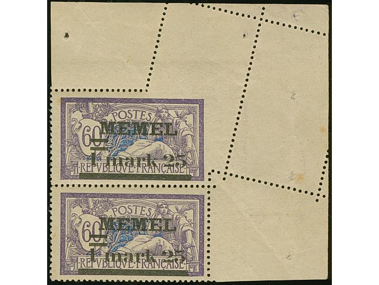 1920 1,25 mark auf 60 Cent im senkrechten Paar aus der rechten oberen Bogenecke mit interessanter Doppelzähnung durch Bogenum