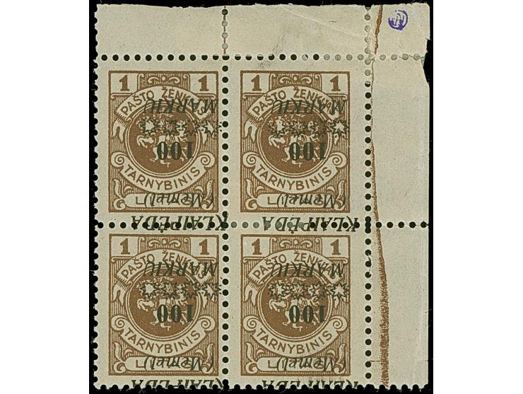 1923, Sternchen-Aufdruck 100 Markiu auf 1 Litas, Viererblock aus der rechten oberen Bogenecke mit kopfstehendem und leicht ve