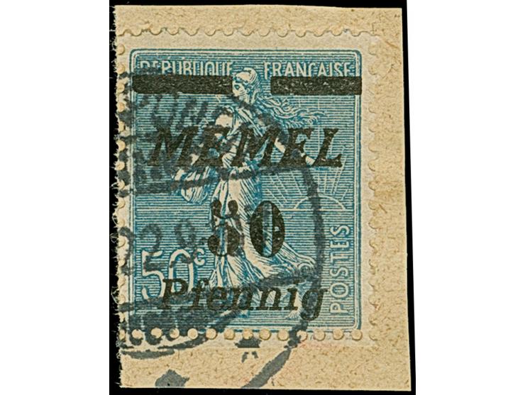 1922, Säerin 50 Pfennig auf 50 Cent preußischblau, farbfrisch und gut gezähnt, sauber mit Stempel “LÖMPÖNEN” auf Briefstück, 