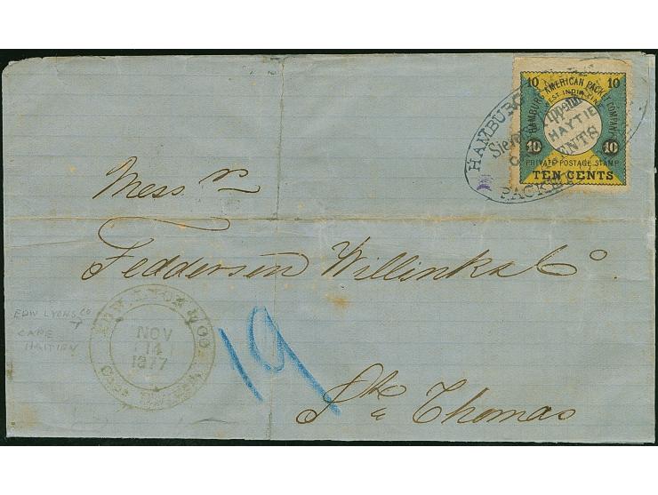 1875, 10C. schwarz/blaugrün/gelb, Oberrandstück,oben ungezähnt, sauber mit Agenturstempel “HAMBURG AMERICA PACKET COMPANY Sie