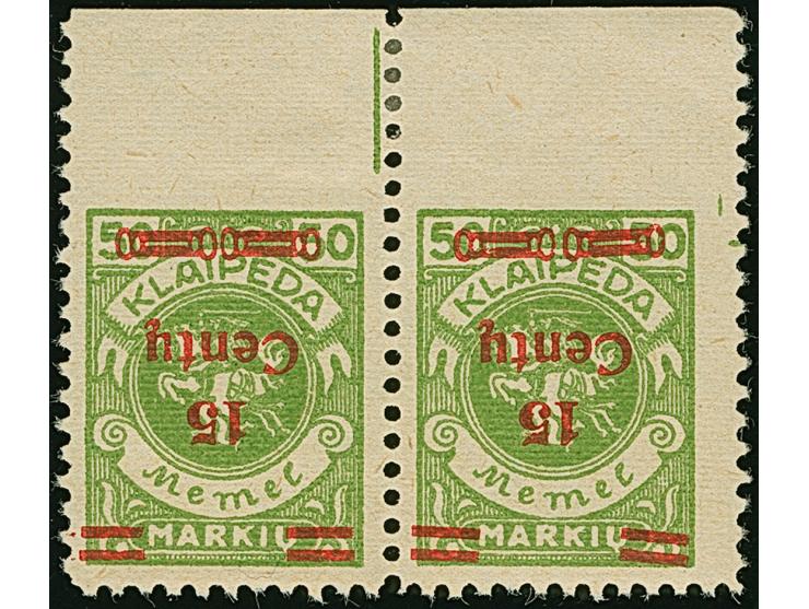 1923, 24-Werte 15 Centu auf 500 Mark, waagerechtes Oberrandpaar, oben ungezähnt mit kopfstehendem Aufdruck, sauber ungebrauch