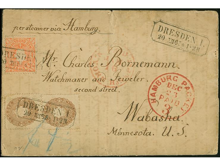 1863, ½ Ngr. lebhaftrötlichorange und zwei Einzelmarken 3 Ngr. dunkelgelbbraun je mit Rahmenstempel “DRESDEN I 20.XII.65” auf