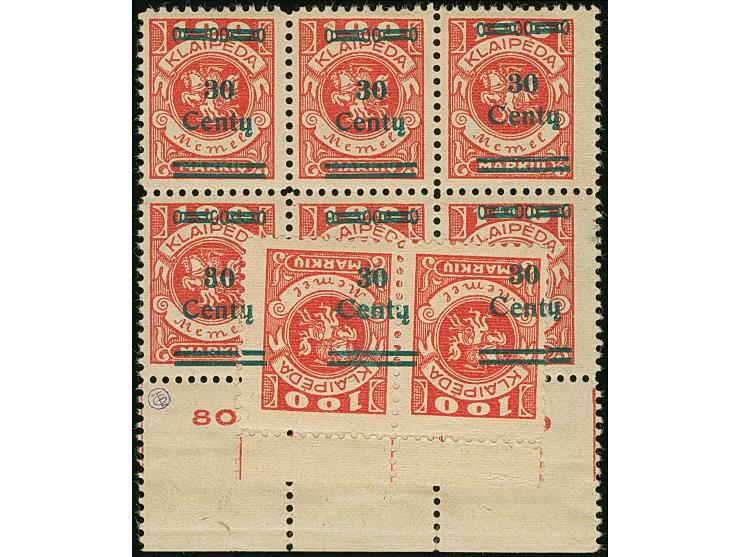 1923, 24-Werte 30 Centu auf 100 Mark, Unterrand 6er-Block, dabei die unteren Werten mit Teilaufdruck sowie Teiladruck auf kop