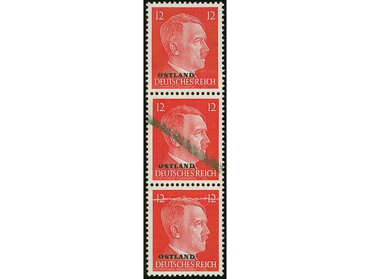 Hitler 12 Pfennig, senkrechter Dreierstreifen, alle Marken auf geklebter Papierbahn, die mittlere Marke mit schwarzem Annulie