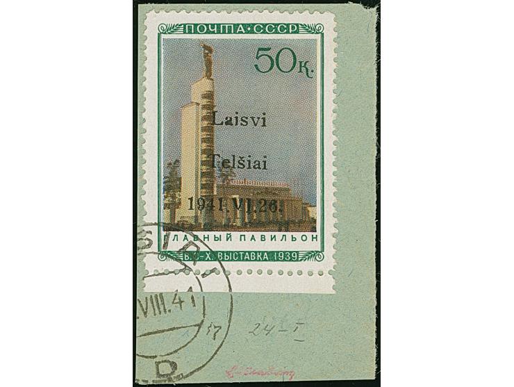 1941, Pavillon 50 Kopeken, Aufdrucktype I, Aufdruckfeld 35, Unterrandstück, sauber mit Stempel “(TEL)SIAI 18.VII.41” auf Brie