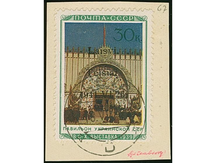 1941, Ukrainische SSR 30 Kopeken, Aufdrucktype I, Aufdruckfeld 26, sauber mit Stempel “TELSIAI 18.VII.41” auf Briefstück, tad